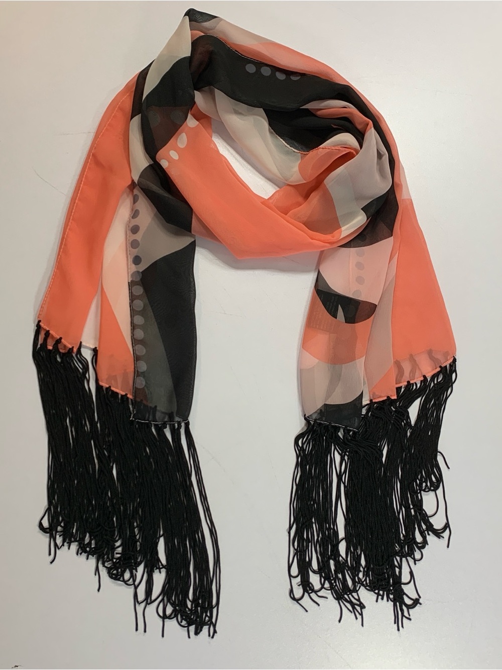 Mary Kay Abstract Scarf Fringe Sheer Chiffon Y2K Retro 70s Geometric Print Coral